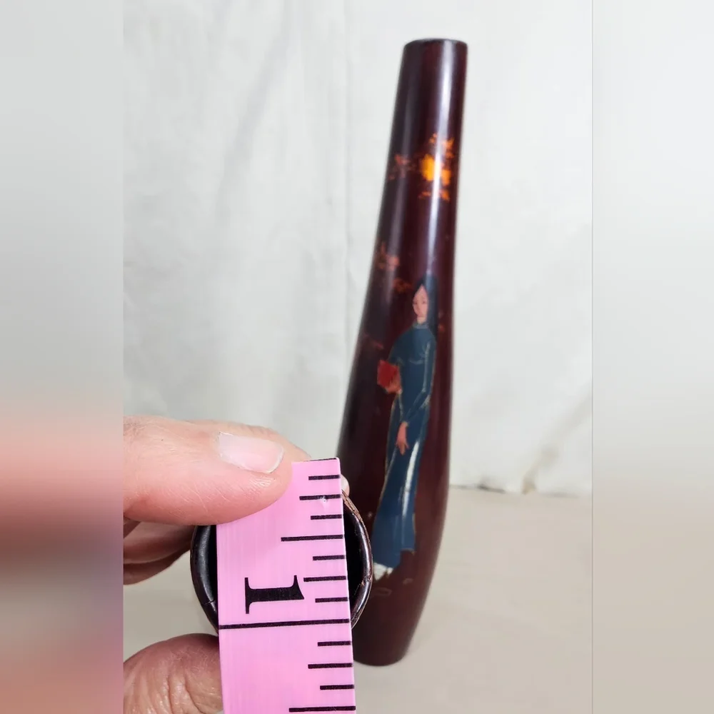 Vintage Vietnam Handicraft Lacquerware Vases Set of 2 Ao Dai Eggshell Inlay Arts